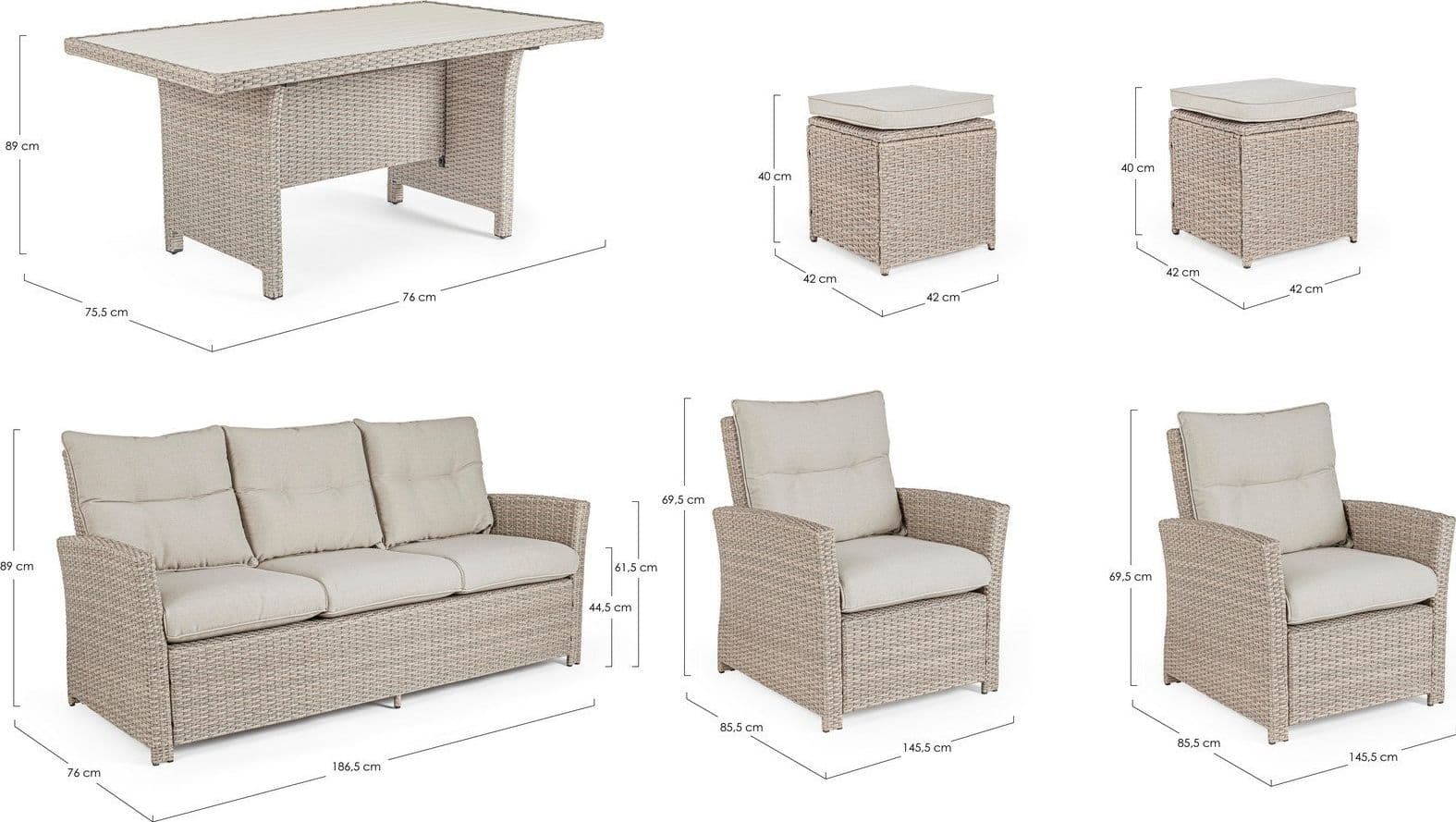 Salotto "Ariel" con poltrone, divanetto, pouf e tavolino, struttura in alluminio, per esterno Giardino e giardinaggio/Arredamento da giardino e accessori/Set di mobili Decor Space - Altamura, Commerciovirtuoso.it