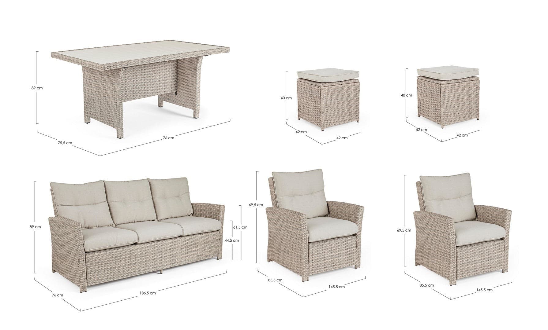 Salotto "Ariel" con poltrone, divanetto, pouf e tavolino, struttura in alluminio, per esterno Giardino e giardinaggio/Arredamento da giardino e accessori/Set di mobili Decor Space - Altamura, Commerciovirtuoso.it