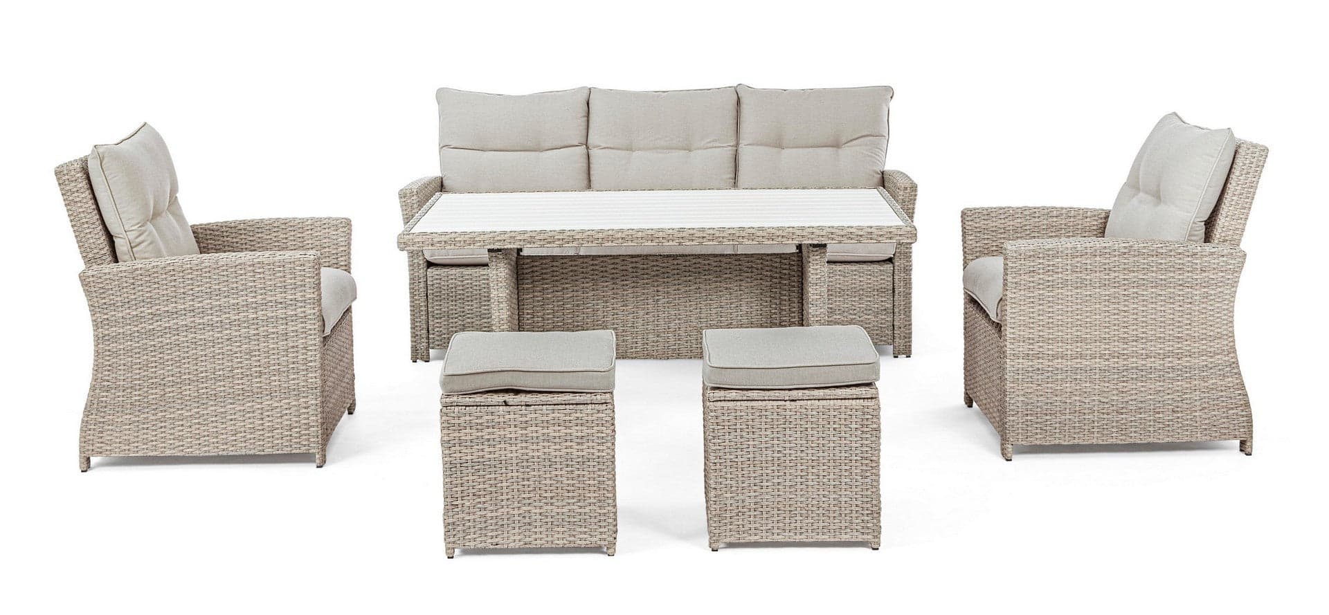 Salotto "Ariel" con poltrone, divanetto, pouf e tavolino, struttura in alluminio, per esterno Giardino e giardinaggio/Arredamento da giardino e accessori/Set di mobili Decor Space - Altamura, Commerciovirtuoso.it
