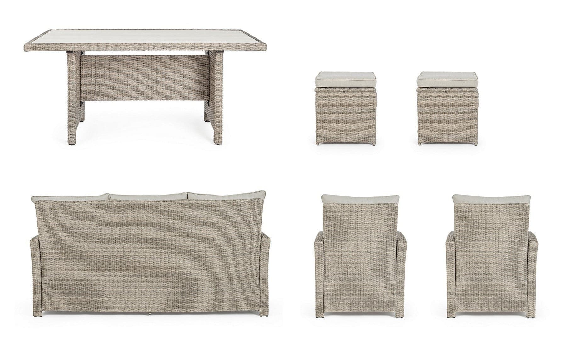 Salotto "Ariel" con poltrone, divanetto, pouf e tavolino, struttura in alluminio, per esterno Giardino e giardinaggio/Arredamento da giardino e accessori/Set di mobili Decor Space - Altamura, Commerciovirtuoso.it