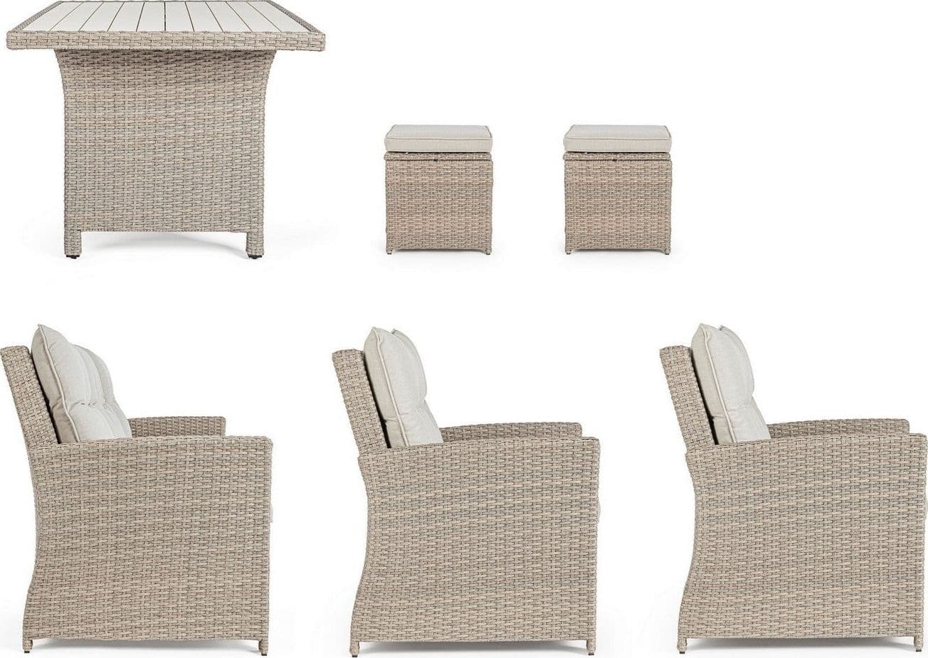 Salotto "Ariel" con poltrone, divanetto, pouf e tavolino, struttura in alluminio, per esterno Giardino e giardinaggio/Arredamento da giardino e accessori/Set di mobili Decor Space - Altamura, Commerciovirtuoso.it