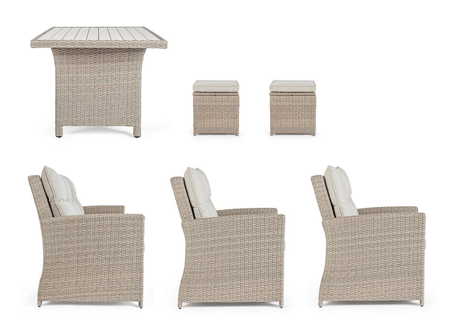 Salotto "Ariel" con poltrone, divanetto, pouf e tavolino, struttura in alluminio, per esterno Giardino e giardinaggio/Arredamento da giardino e accessori/Set di mobili Decor Space - Altamura, Commerciovirtuoso.it