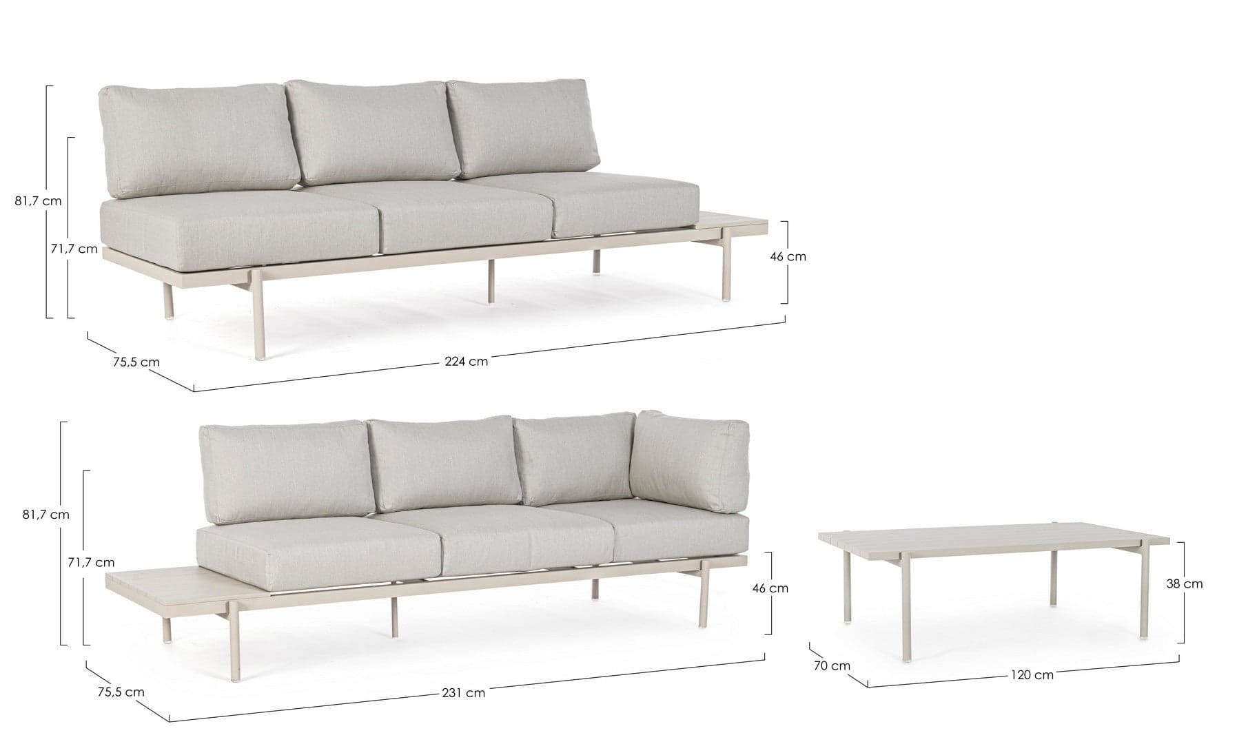 Salottino angolare con tavolino "Kendall Rastin" in alluminio, seduta in tessuto, per esterno in Set di mobili Decor Space - Altamura, commercioVirtuoso.it