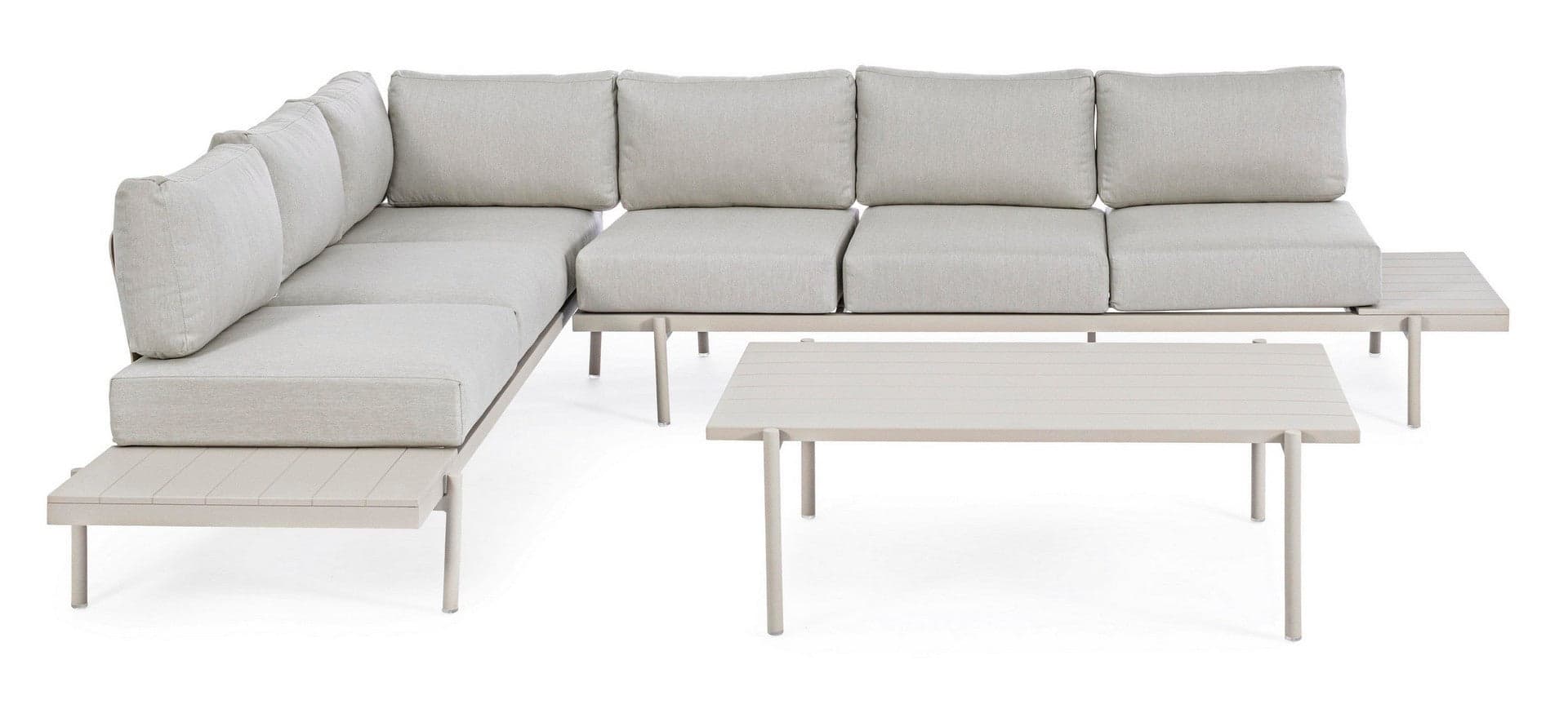 Salottino angolare con tavolino "Kendall Rastin" in alluminio, seduta in tessuto, per esterno in Set di mobili Decor Space - Altamura, commercioVirtuoso.it