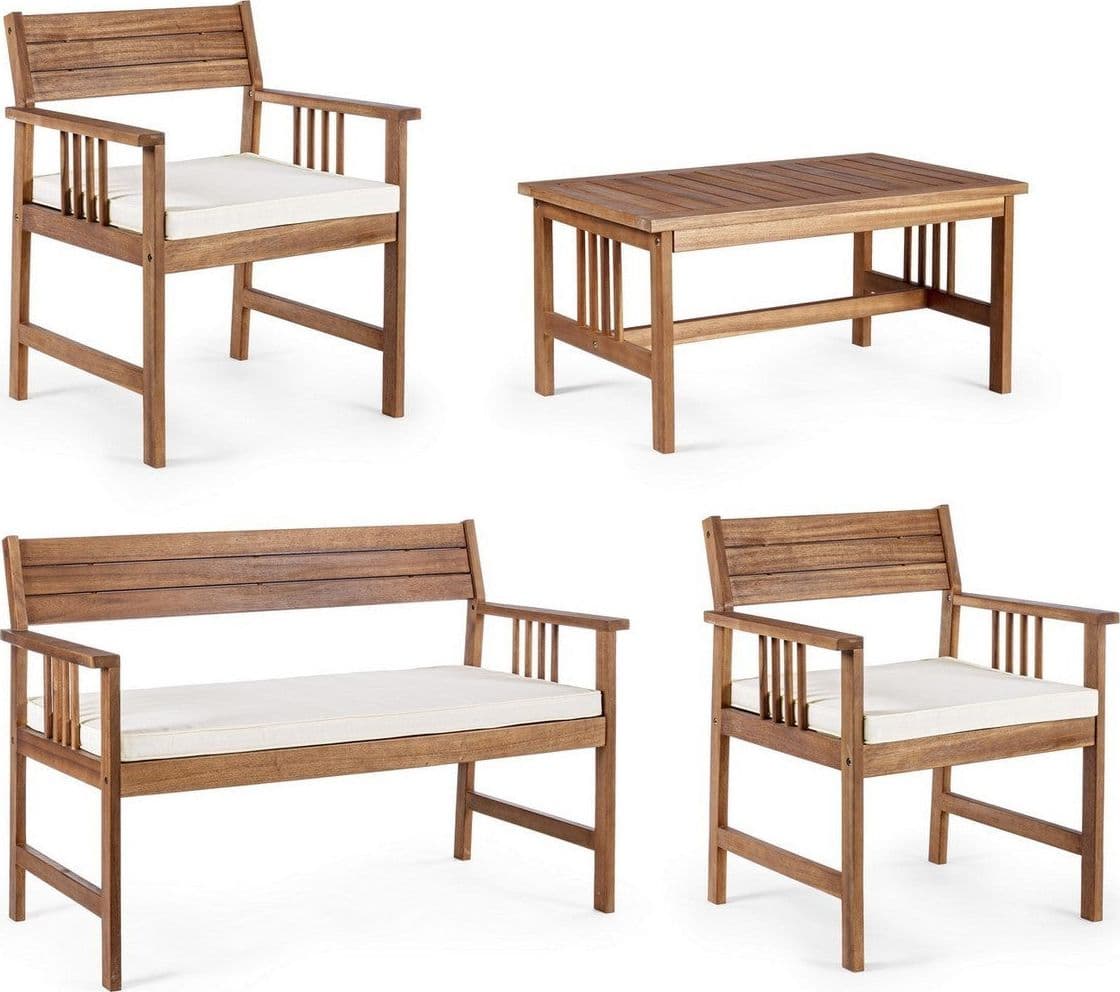 Salottino "noemi" Con Poltrone, Tavolino E Divanetto, Struttura In Legno Di Acacia, Per Esterno Giardino e giardinaggio/Arredamento da giardino e accessori/Set di mobili Decor Space - Altamura, Commerciovirtuoso.it