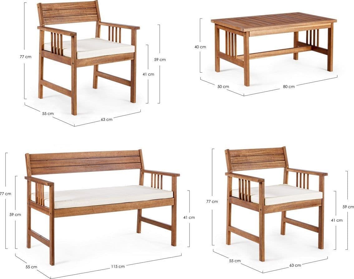 Salottino "noemi" Con Poltrone, Tavolino E Divanetto, Struttura In Legno Di Acacia, Per Esterno Giardino e giardinaggio/Arredamento da giardino e accessori/Set di mobili Decor Space - Altamura, Commerciovirtuoso.it