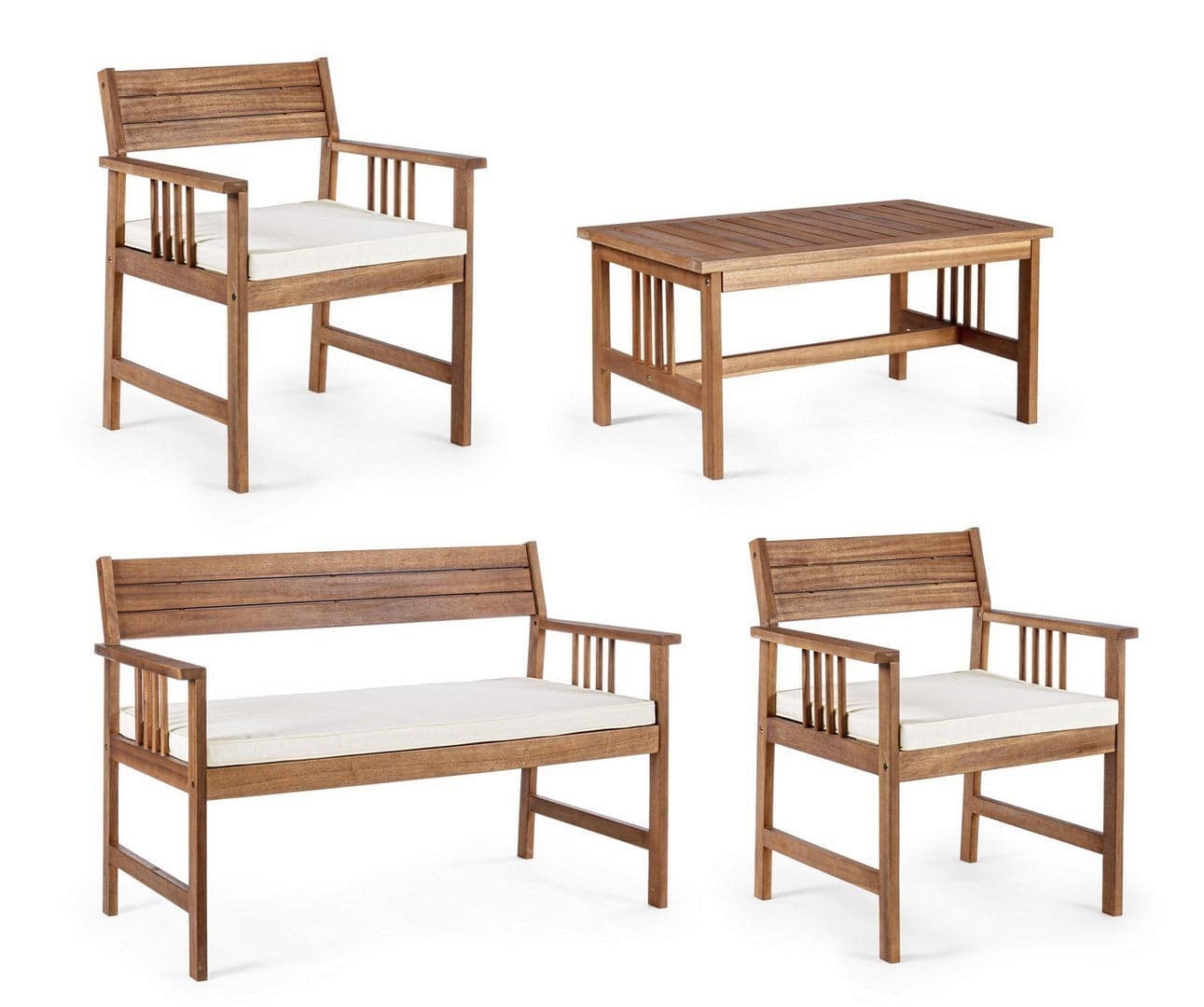 Salottino "Noemi" con poltrone, tavolino e divanetto, struttura in legno di acacia, per esterno in Set di mobili Decor Space - Altamura, commercioVirtuoso.it