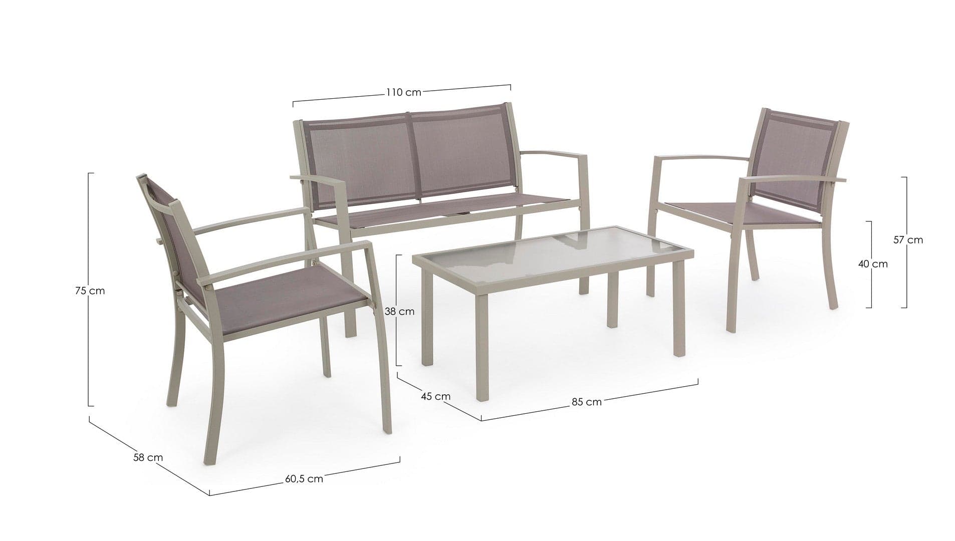 Salottino "Peder" con tavolino, poltroncine e divanetto, struttura in acciaio, per esterno in Set di mobili Decor Space - Altamura, commercioVirtuoso.it