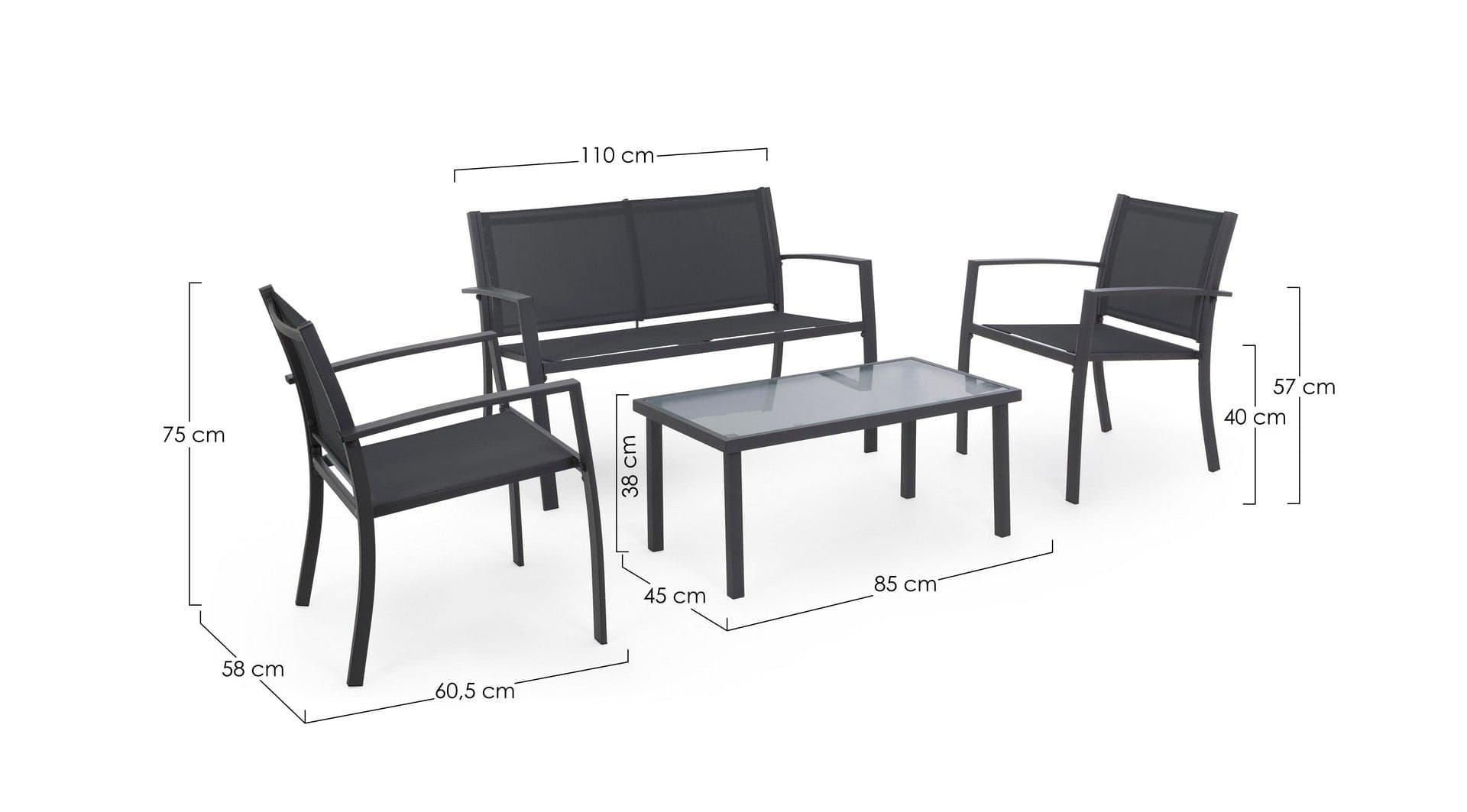 Salottino "Peder" con tavolino, poltroncine e divanetto, struttura in acciaio, per esterno Giardino e giardinaggio/Arredamento da giardino e accessori/Set di mobili Decor Space - Altamura, Commerciovirtuoso.it