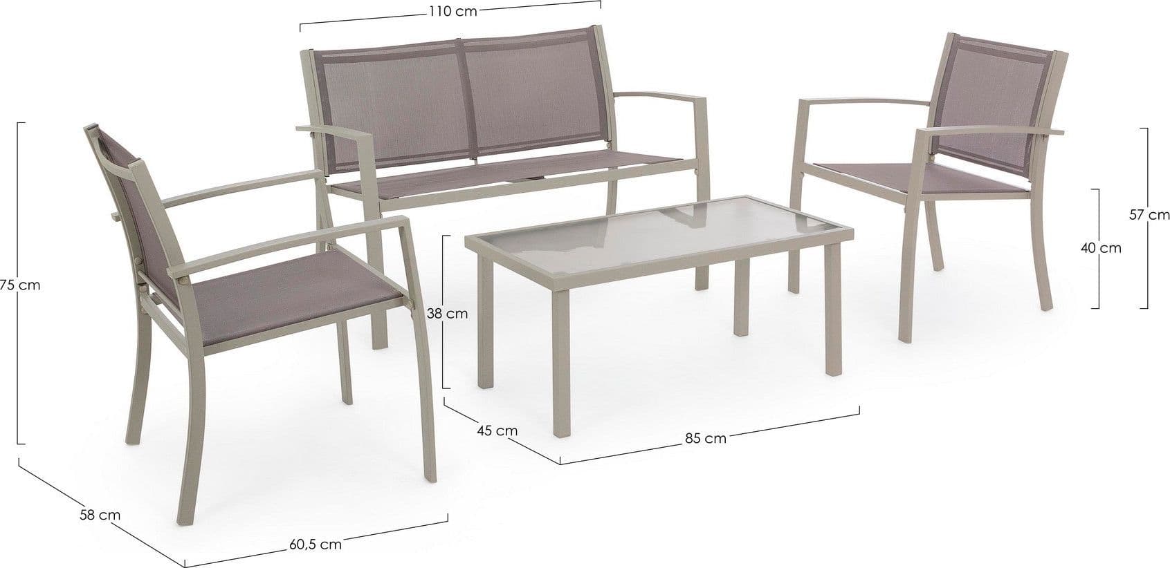 Salottino "Peder" con tavolino, poltroncine e divanetto, struttura in acciaio, per esterno Giardino e giardinaggio/Arredamento da giardino e accessori/Set di mobili Decor Space - Altamura, Commerciovirtuoso.it