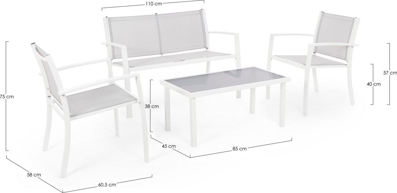 Salottino "Peder" con tavolino, poltroncine e divanetto, struttura in acciaio, per esterno Giardino e giardinaggio/Arredamento da giardino e accessori/Set di mobili Decor Space - Altamura, Commerciovirtuoso.it