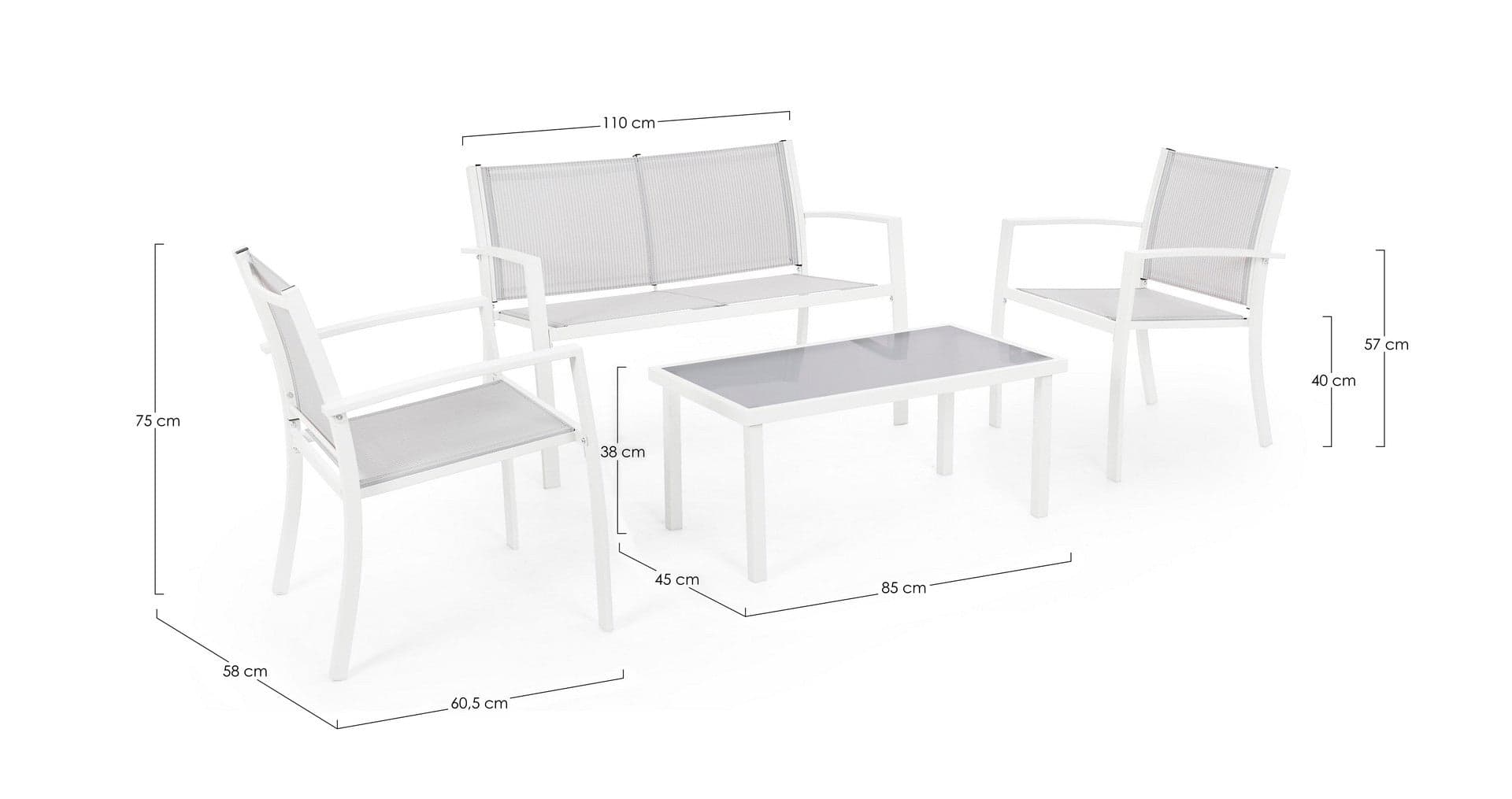 Salottino "Peder" con tavolino, poltroncine e divanetto, struttura in acciaio, per esterno Giardino e giardinaggio/Arredamento da giardino e accessori/Set di mobili Decor Space - Altamura, Commerciovirtuoso.it
