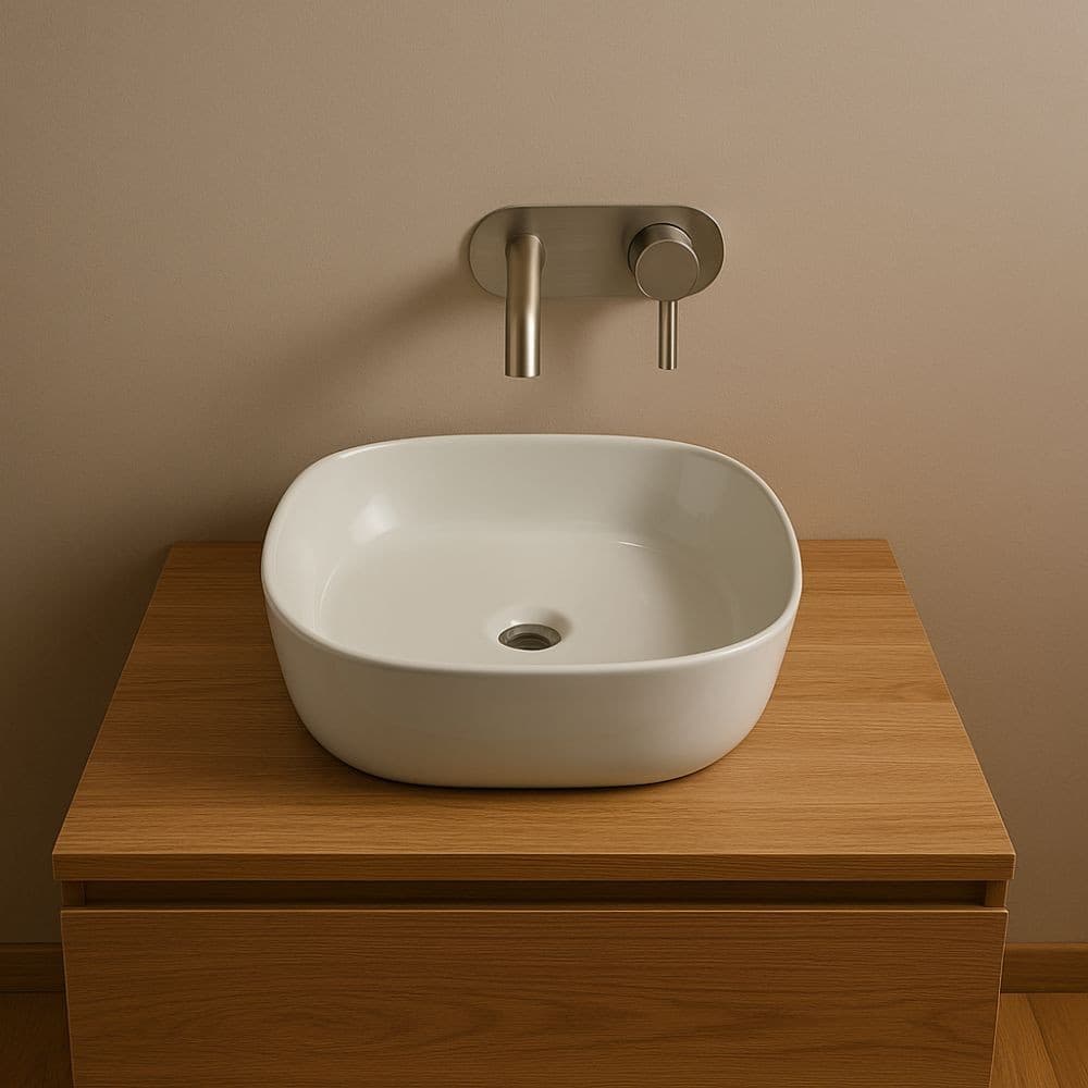 Lavabo Da Appoggio in Ceramica Opaco Bianco Tondeggiante Lavandino 44x44x14 Cm - 3