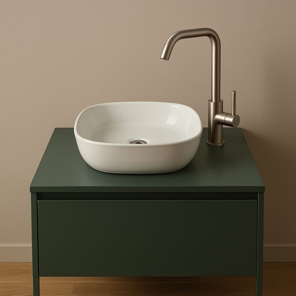 Lavabo Da Appoggio in Ceramica Opaco Bianco Tondeggiante Lavandino 44x44x14 Cm - 4