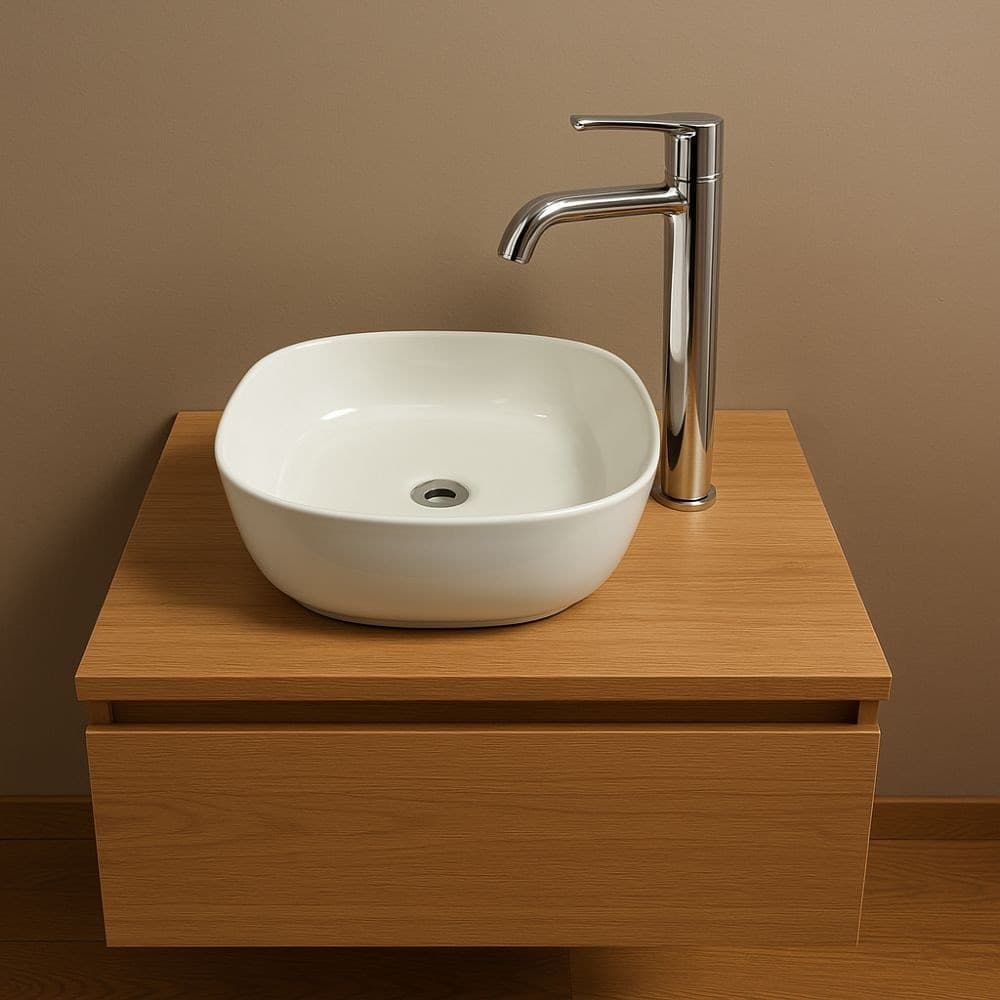 Lavabo Da Appoggio in Ceramica Opaco Bianco Tondeggiante Lavandino 44x44x14 Cm - 5