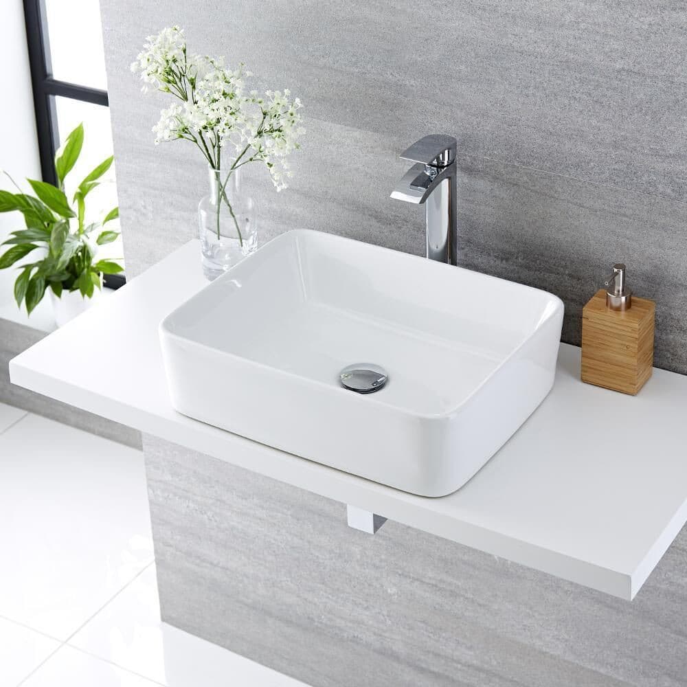 Lavabo Da Appoggio Ceramica Bianco Rettangolare Lavandino Bagno 50x39x13 Cm - 4