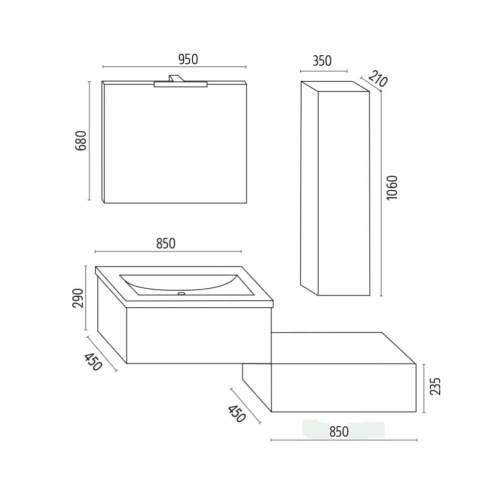 Mobile da bagno sospeso Wonder Cenere con lavabo specchio e Pensile - 4