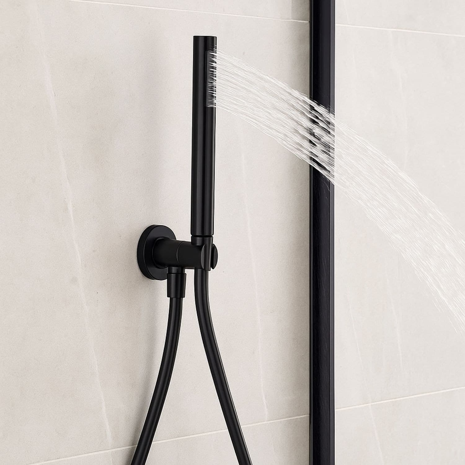 Kit Set Doccia Ottone Nero Opaco Con Supporto Presa Acqua Tondo Ogomondo - 5