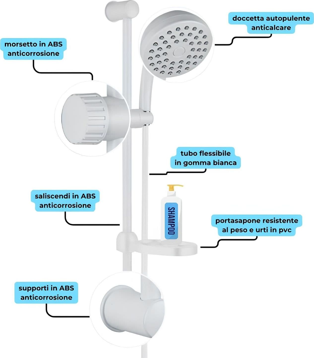 Saliscendi in abs bianco blush con doccetta e portasapone par campeggio nautica giardino - 7