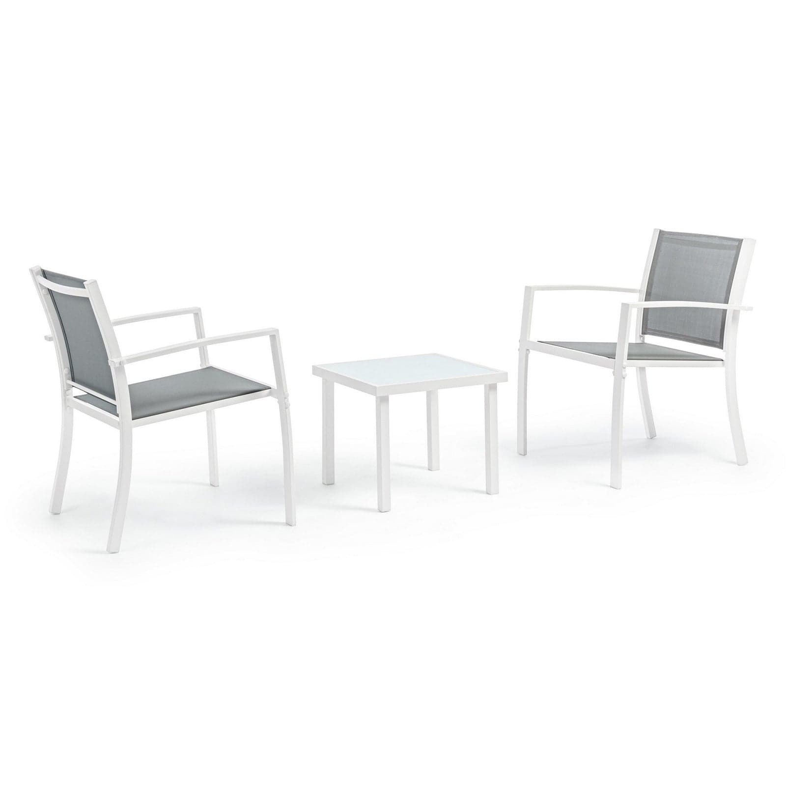 Salottino "Auri" con sedie e tavolino, per esterno, struttura in acciaio, piano in vetro in Set di mobili Decor Space - Altamura, commercioVirtuoso.it