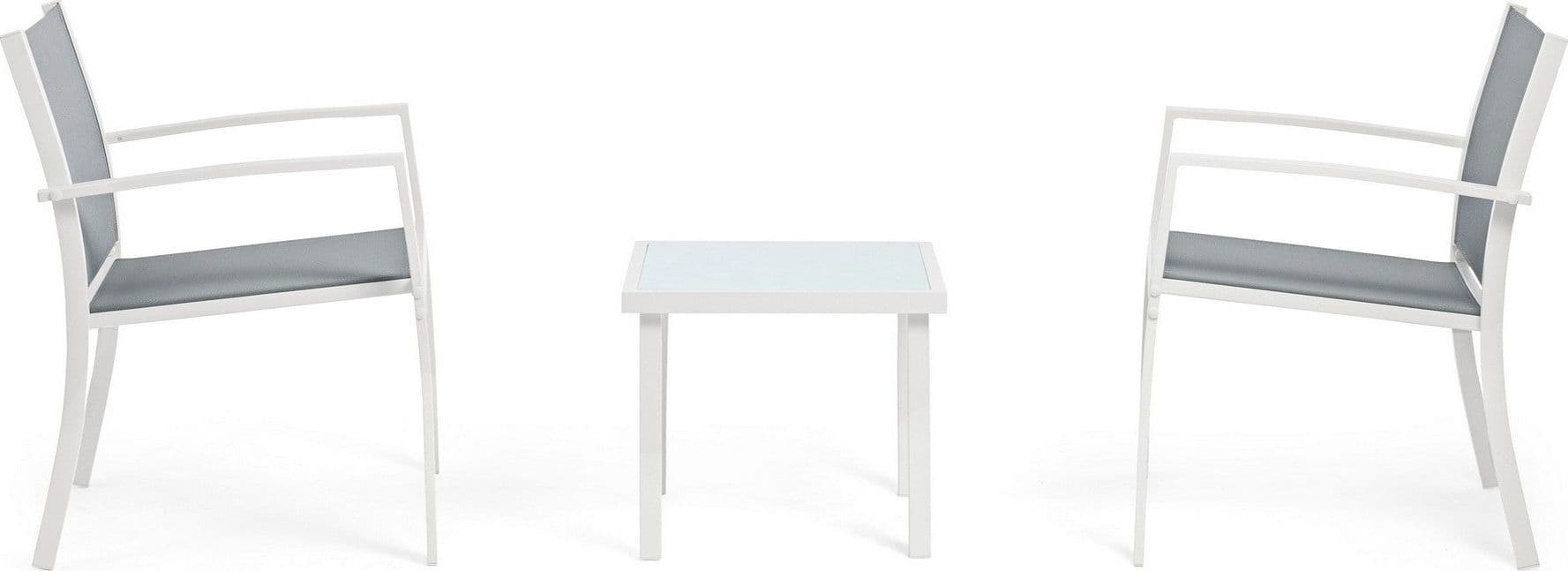 Salottino "Auri" con sedie e tavolino, per esterno, struttura in acciaio, piano in vetro in Set di mobili Decor Space - Altamura, commercioVirtuoso.it