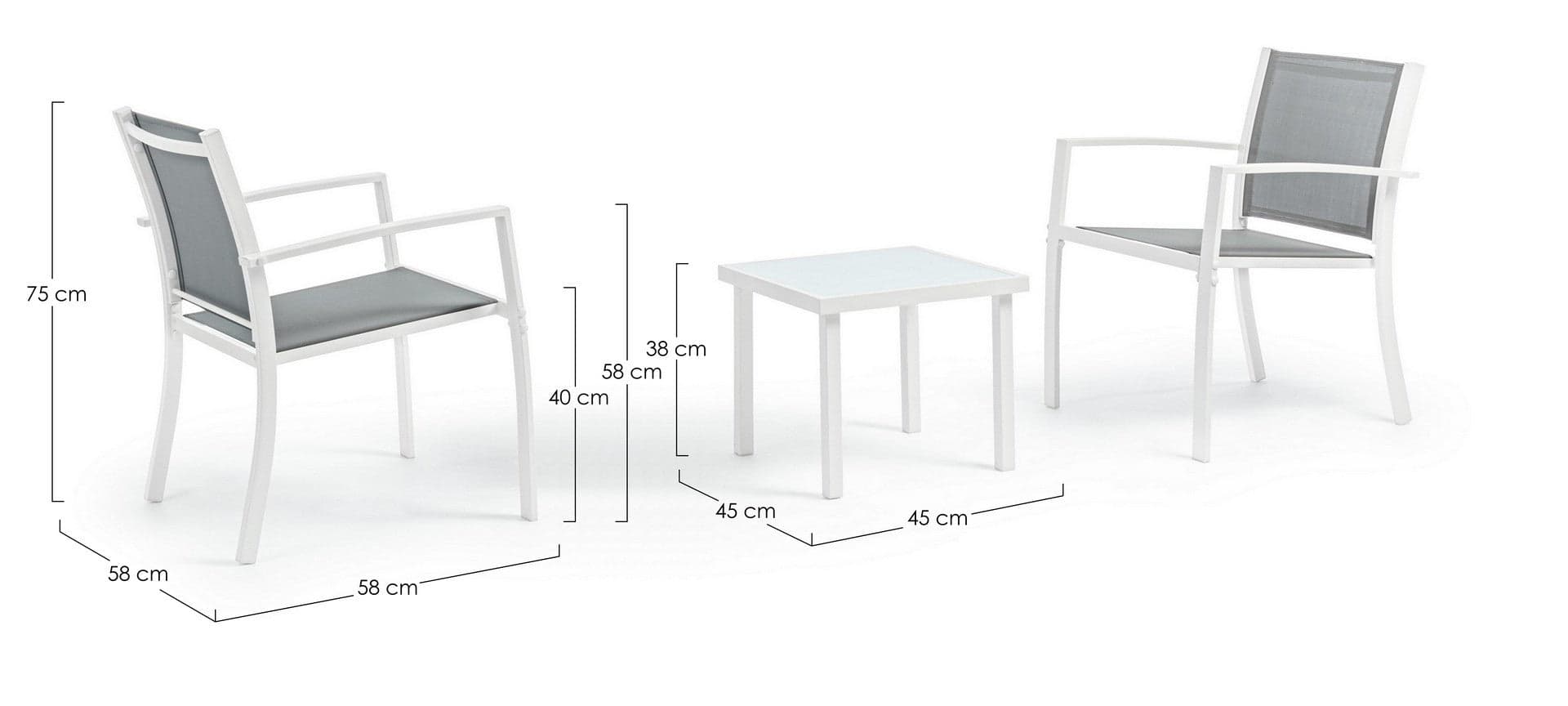 Salottino "Auri" con sedie e tavolino, per esterno, struttura in acciaio, piano in vetro in Set di mobili Decor Space - Altamura, commercioVirtuoso.it