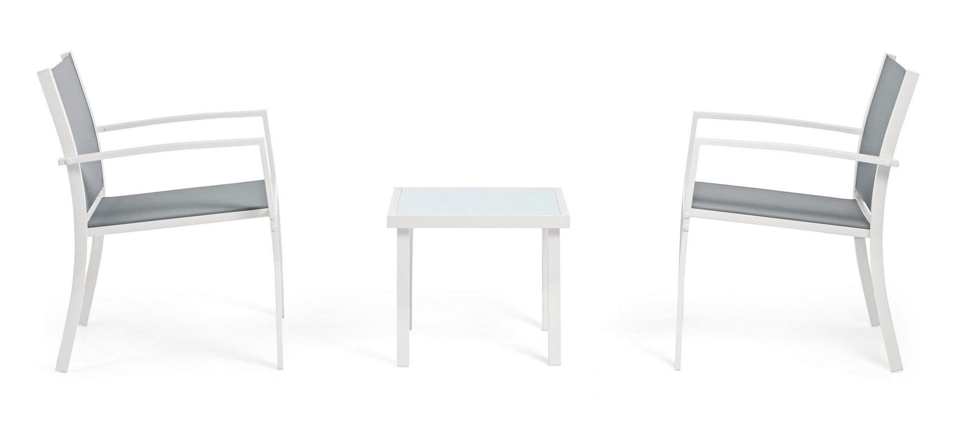 Salottino "Auri" con sedie e tavolino, per esterno, struttura in acciaio, piano in vetro in Set di mobili Decor Space - Altamura, commercioVirtuoso.it