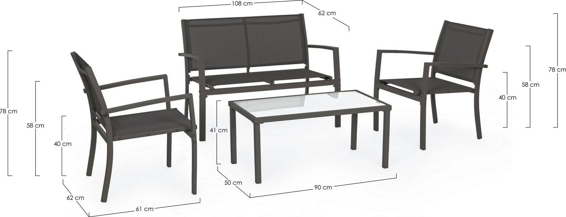 Salottino "Trent" con poltroncine, divanetto e tavolino, struttura in acciaio, per esterno Giardino e giardinaggio/Arredamento da giardino e accessori/Set di mobili Decor Space - Altamura, Commerciovirtuoso.it
