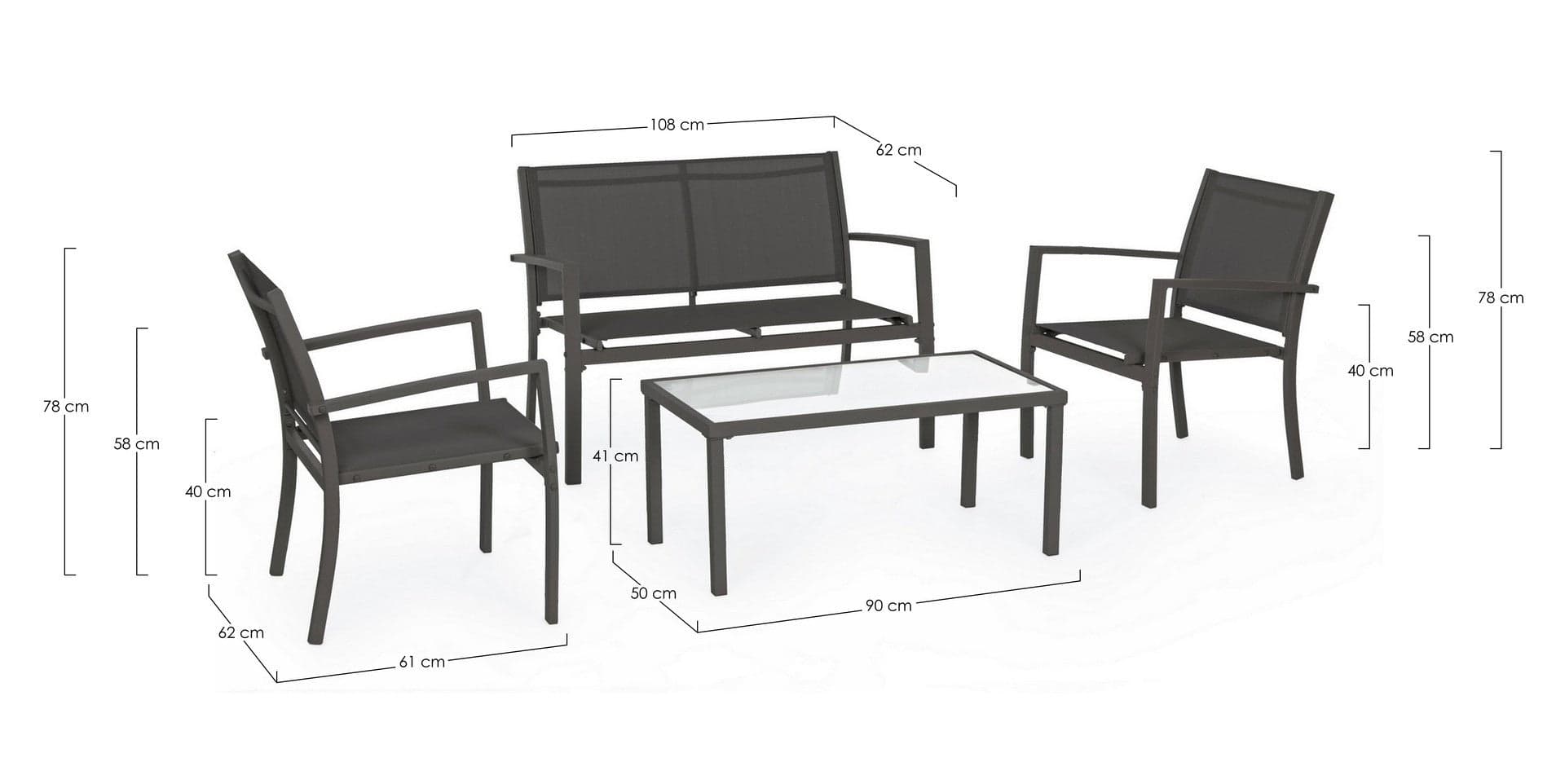 Salottino "Trent" con poltroncine, divanetto e tavolino, struttura in acciaio, per esterno Giardino e giardinaggio/Arredamento da giardino e accessori/Set di mobili Decor Space - Altamura, Commerciovirtuoso.it