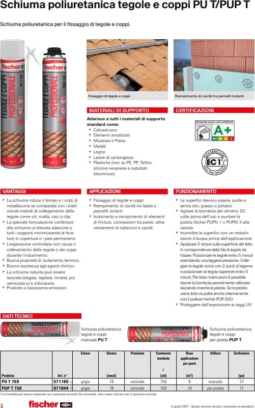 Schiuma Poliuretanica Fischer 71044 Multiuso TEGOLE E COPPI ml 750 per applicazioni a pistola in Sigillanti Eternal Brico - Ariano Irpino, commercioVirtuoso.it
