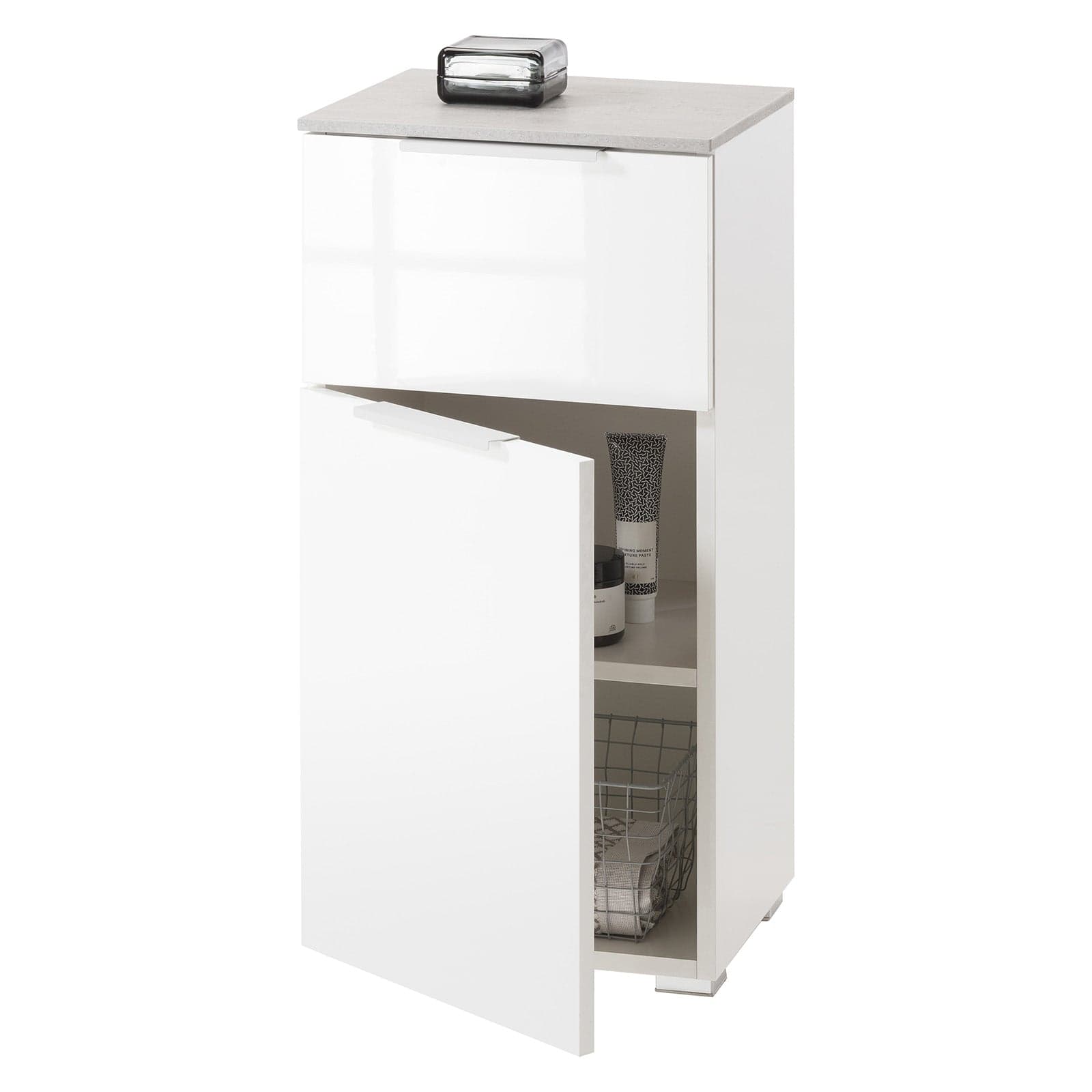 Base singola da bagno bianco lucido e cemento h 82 cm con 1 anta ed 1 cassetto in legno in Mobili a terra Decor Space - Altamura, commercioVirtuoso.it