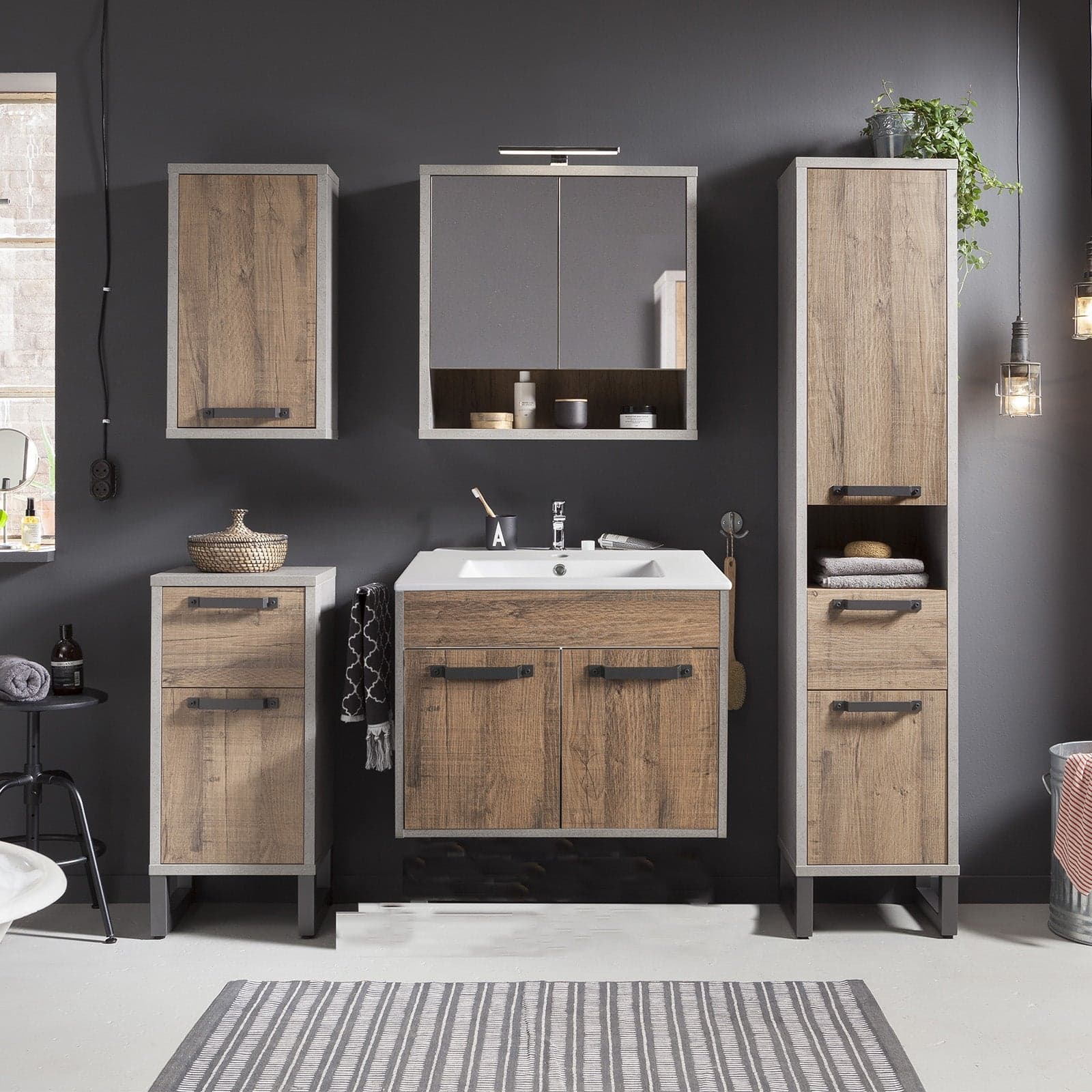 Mobile da bagno Industrial sospeso con lavabo in ceramica Rovere "Made in Italy" - 4