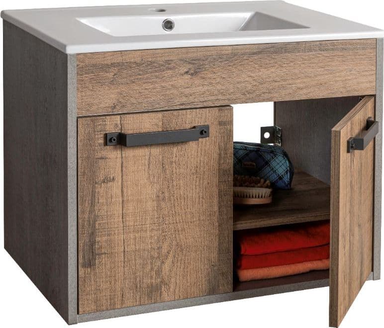 Mobile da bagno Industrial sospeso con lavabo in ceramica Rovere "Made in Italy" - 3