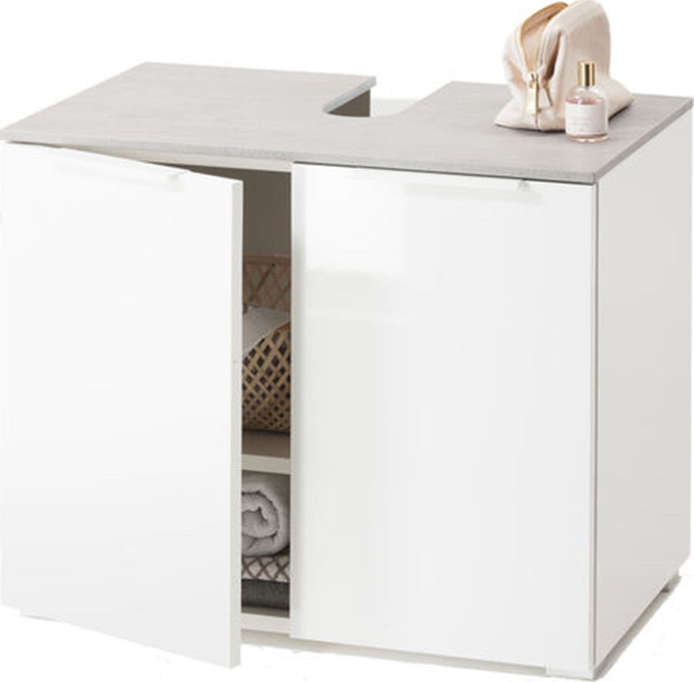 Sotto lavello da bagno bianco lucido e cemento h 58 cm con 2 ante in legno in Mobili a terra Decor Space - Altamura, commercioVirtuoso.it