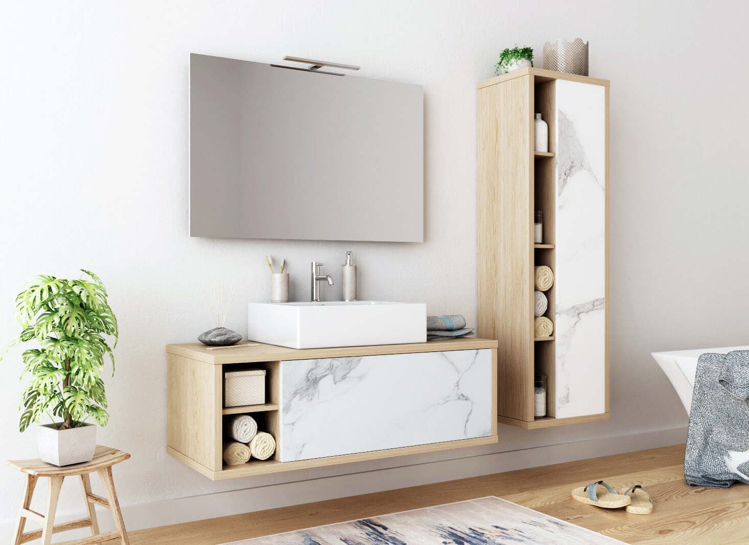 Mobili da bagno sospeso completo con lavabo, colonna e cassettiera rovere e marmo Casa e cucina/Bagno/Mobili da bagno/Mobiletti e armadietti/Mobili a terra Decor Space - Altamura, Commerciovirtuoso.it