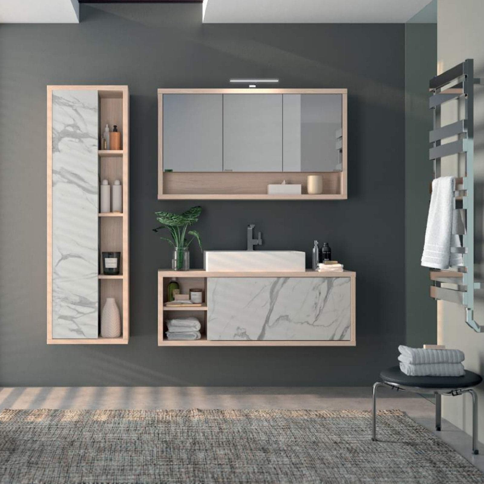 Mobili da bagno sospeso completo con lavabo, colonna e cassettiera rovere e marmo in Mobili a terra Decor Space - Altamura, commercioVirtuoso.it
