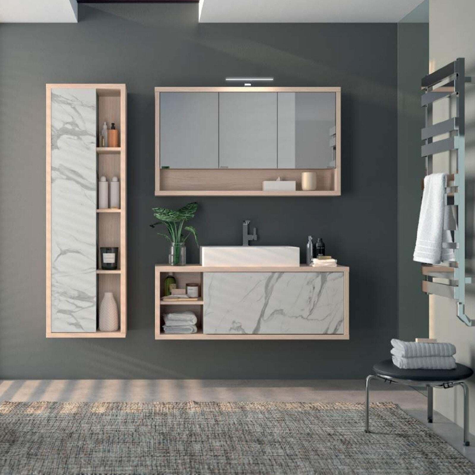 Mobili da bagno sospeso completo con lavabo, colonna e cassettiera rovere e marmo Casa e cucina/Bagno/Mobili da bagno/Mobiletti e armadietti/Mobili a terra Decor Space - Altamura, Commerciovirtuoso.it