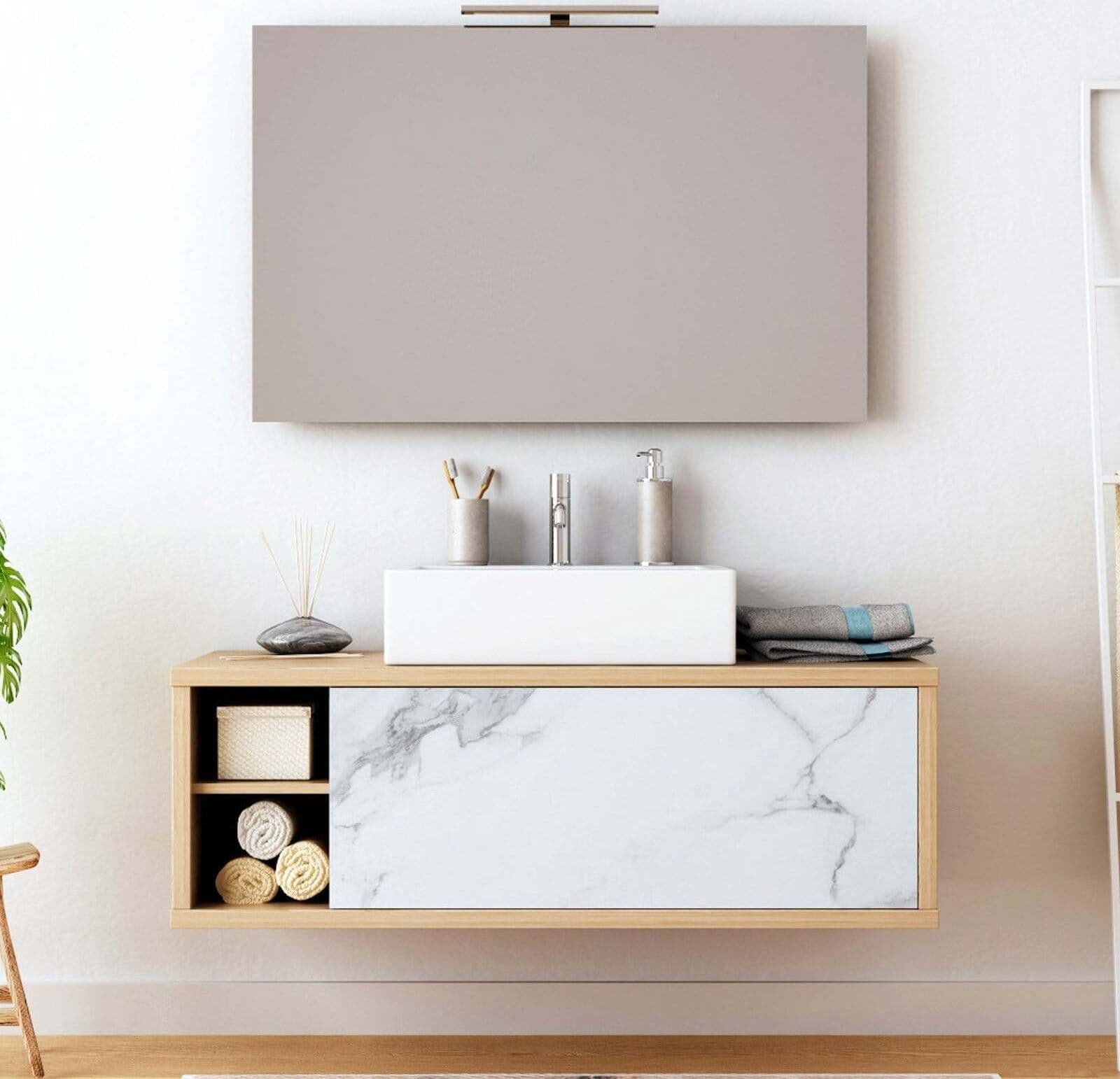 Mobili da bagno sospeso completo con lavabo, colonna e cassettiera rovere e marmo Casa e cucina/Bagno/Mobili da bagno/Mobiletti e armadietti/Mobili a terra Decor Space - Altamura, Commerciovirtuoso.it