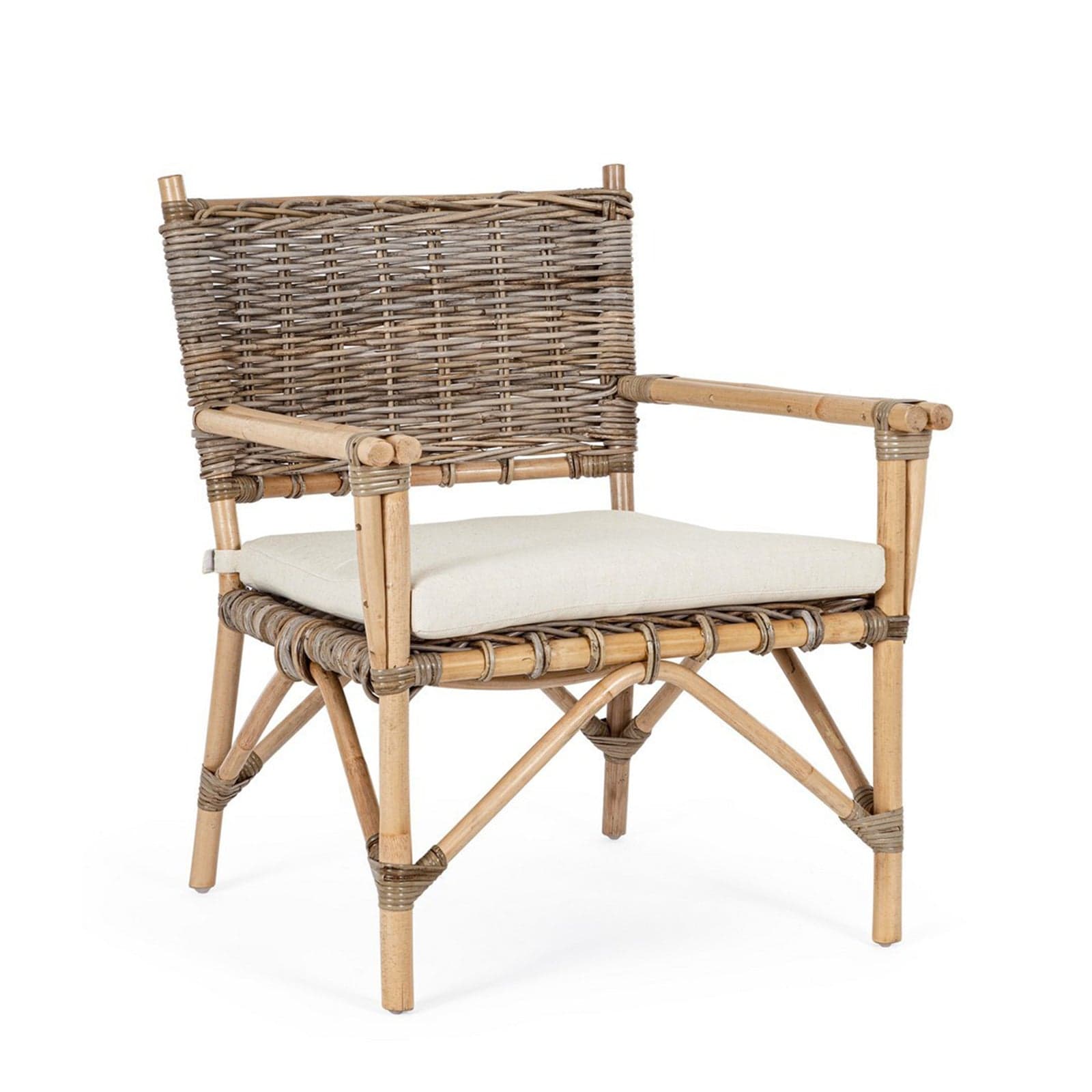 Poltrona "Tarifa" con cuscini, struttura in rattan, intreccio in kubu, per esterno in Poltrone Decor Space - Altamura, commercioVirtuoso.it