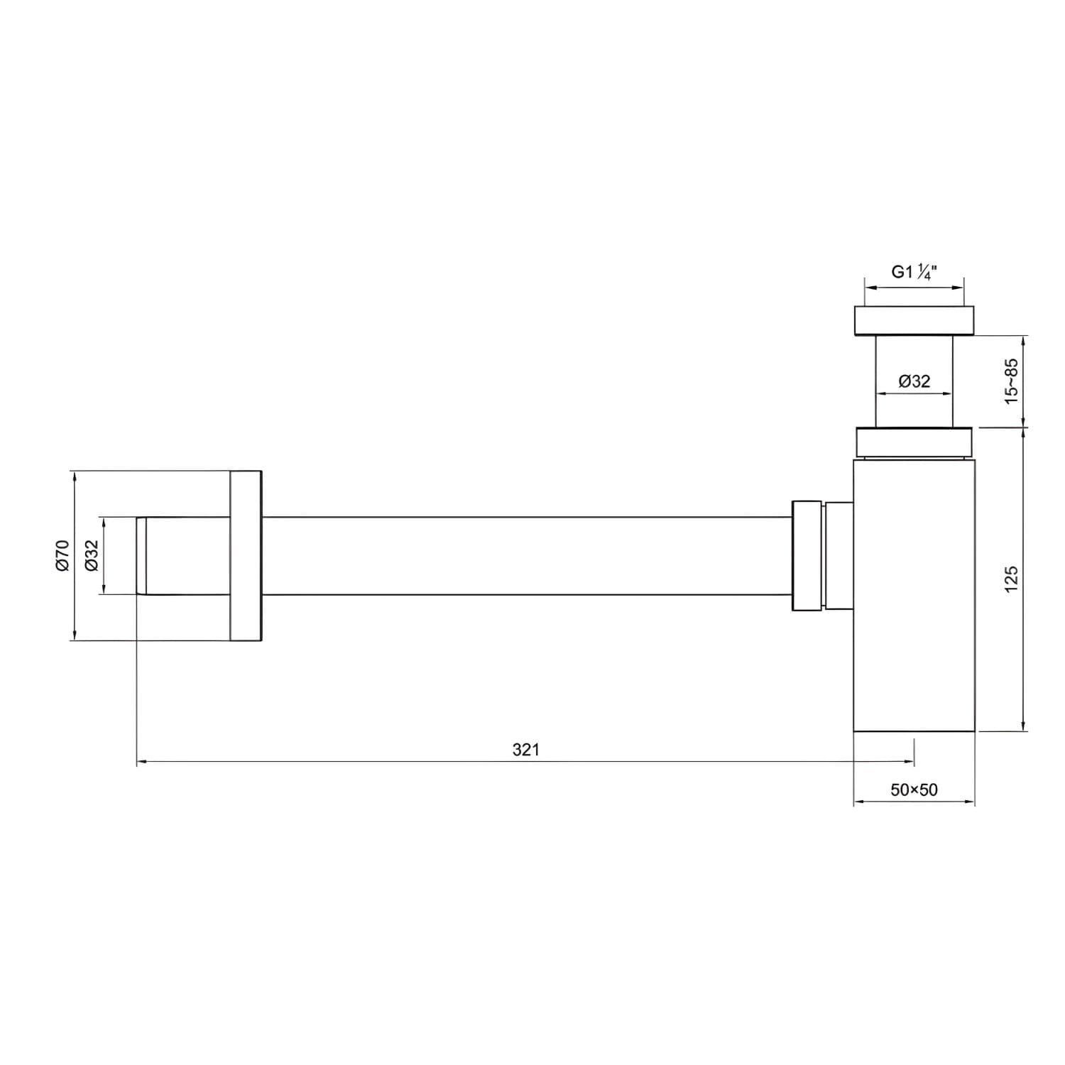 Sifone Tubo di Scarico in Ottone Cromato Quadro per Lavabo Lavandino Bagno da 1.1/4” - 3