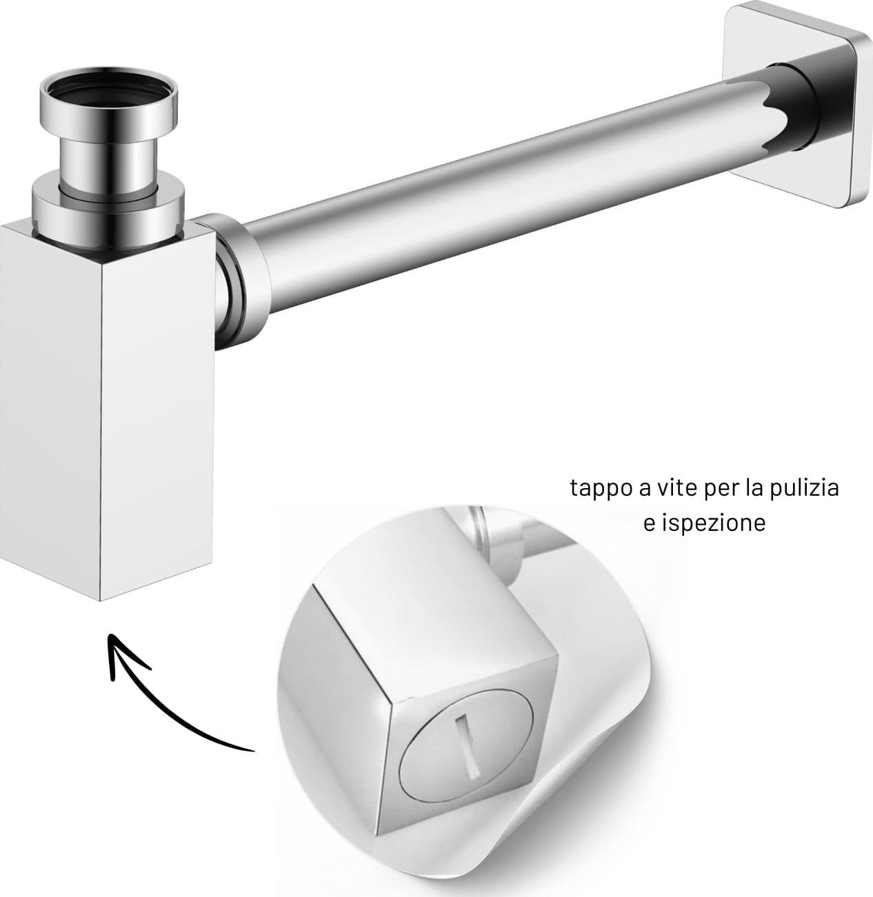 Sifone Tubo di Scarico in Ottone Cromato Quadro per Lavabo Lavandino Bagno da 1.1/4” - 4