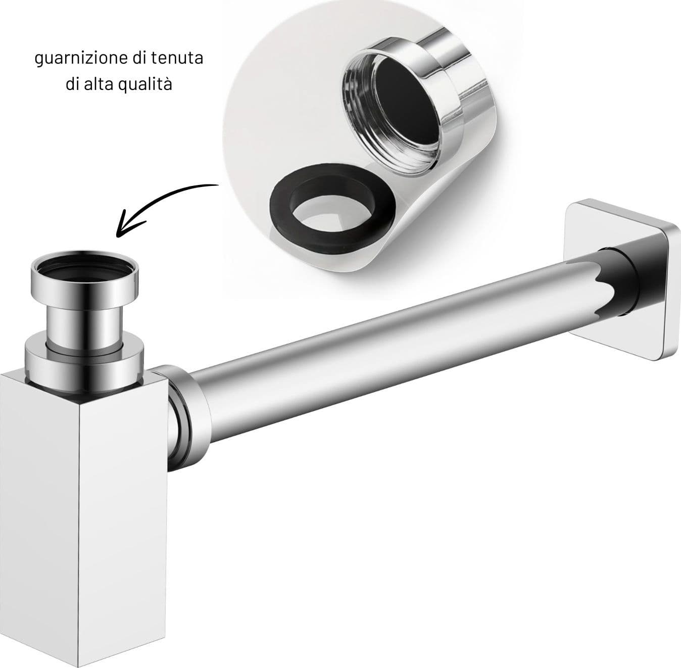 Sifone Tubo di Scarico in Ottone Cromato Quadro per Lavabo Lavandino Bagno da 1.1/4” - 5