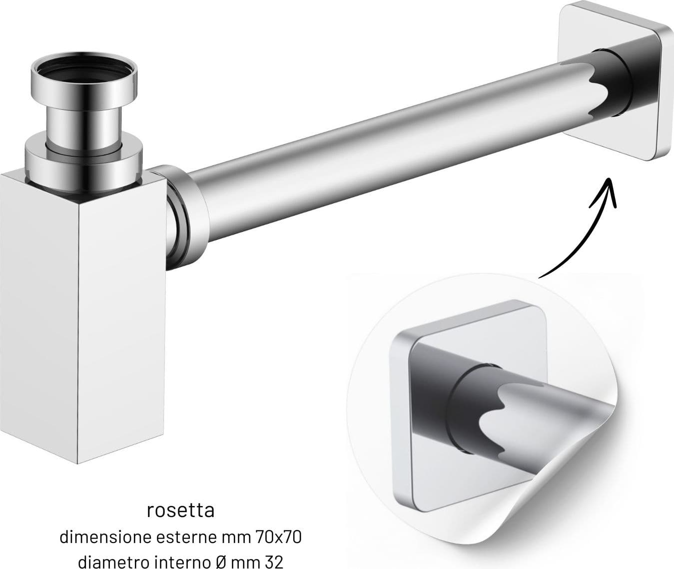 Sifone Tubo di Scarico in Ottone Cromato Quadro per Lavabo Lavandino Bagno da 1.1/4” - 6