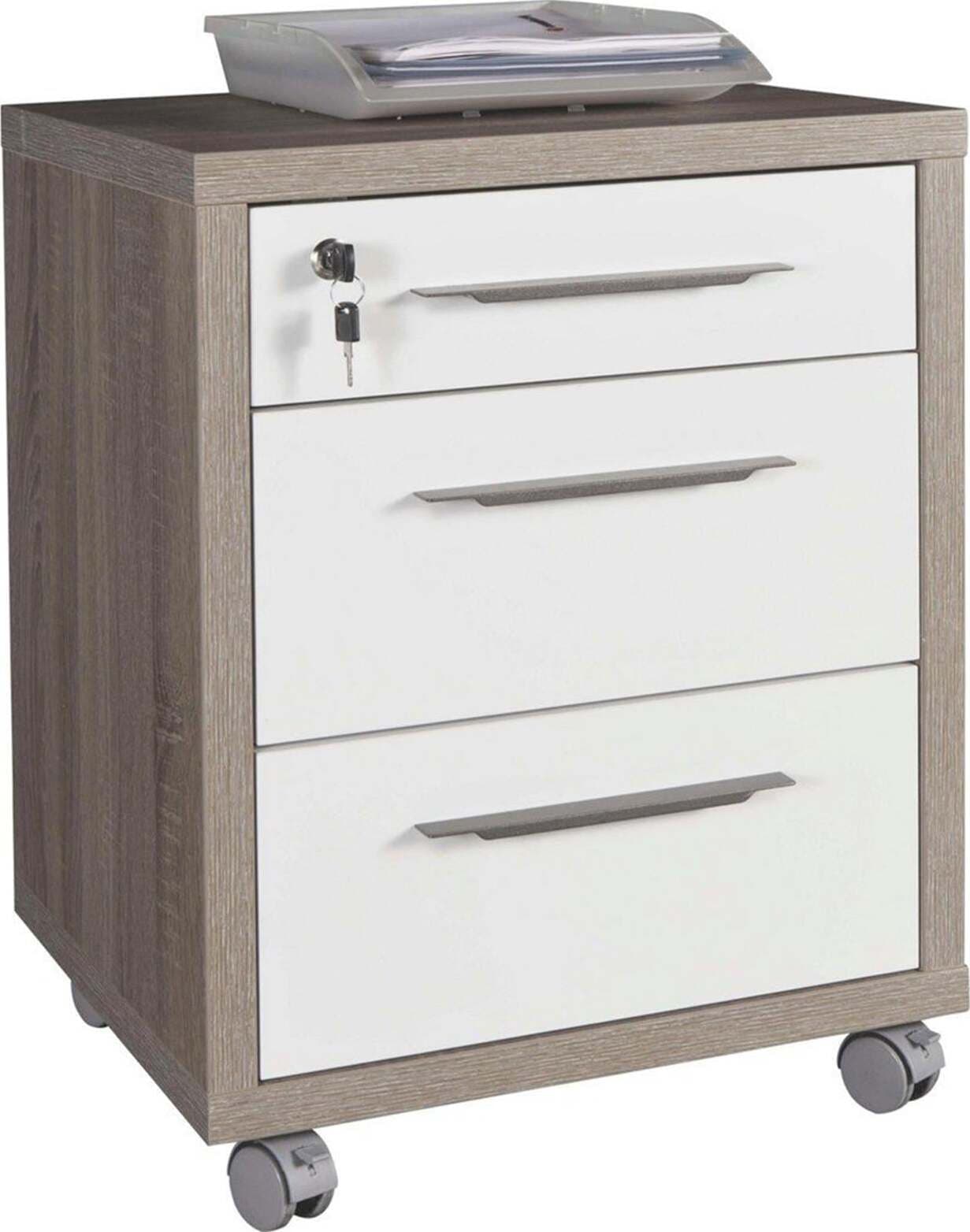 Cassettiera da ufficio 3 cassetti per scrivania Rovere Tartufo e Bianco con chiave e ruote