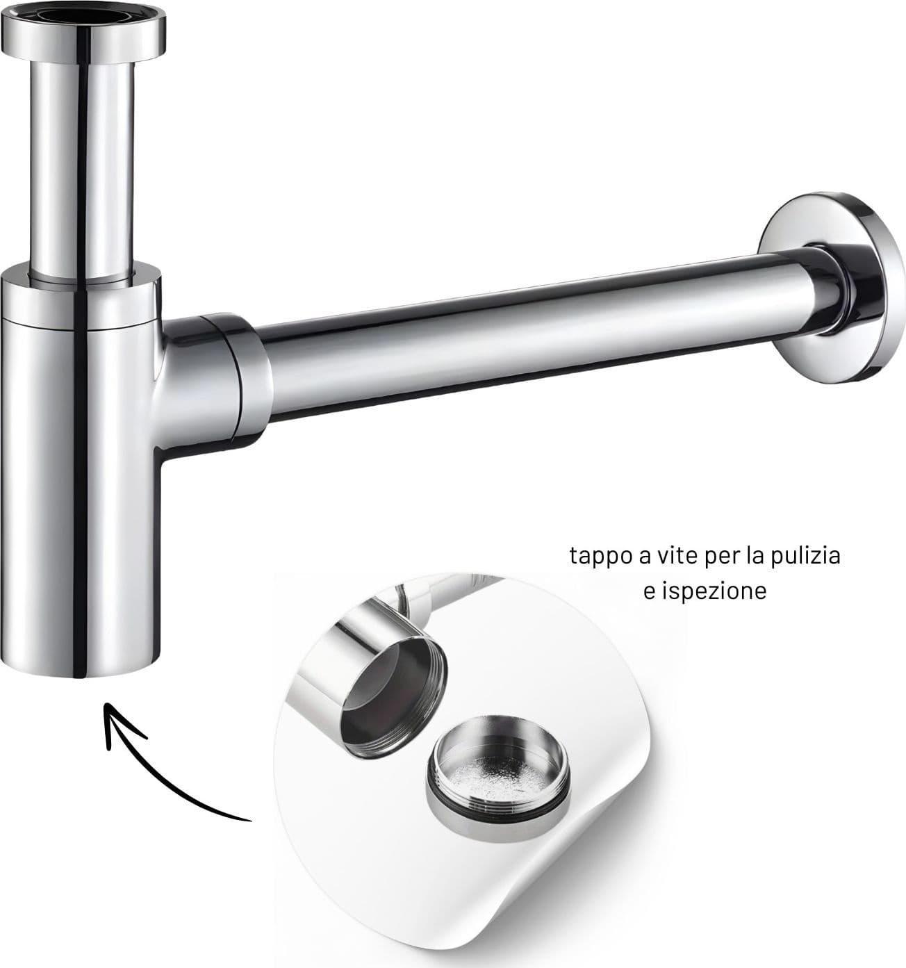 Sifone Tubo di Scarico in Ottone Cromato Tondo per Lavabo Lavandino Bagno da 1.1/4 - 2