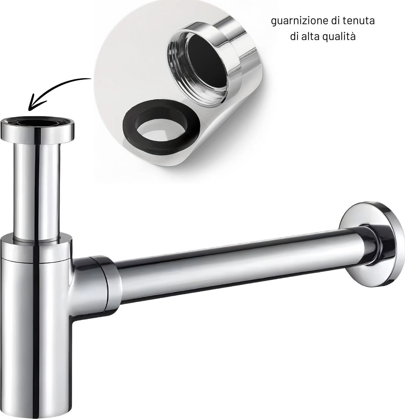 Sifone Tubo di Scarico in Ottone Cromato Tondo per Lavabo Lavandino Bagno da 1.1/4 - 3