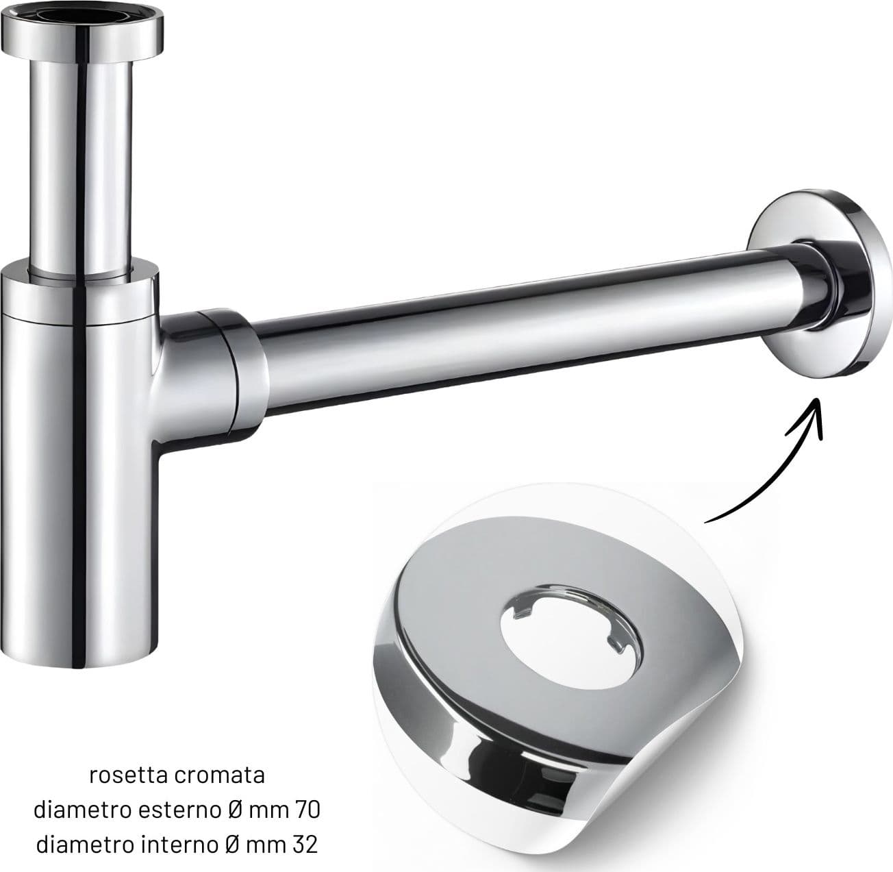 Sifone Tubo di Scarico in Ottone Cromato Tondo per Lavabo Lavandino Bagno da 1.1/4 - 4