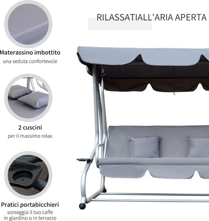 Dondolo "Antigua" 3 posti altalena da giardino e veranda reclinabile a letto 200 cm in Dondoli coperti Decor Space - Altamura, commercioVirtuoso.it