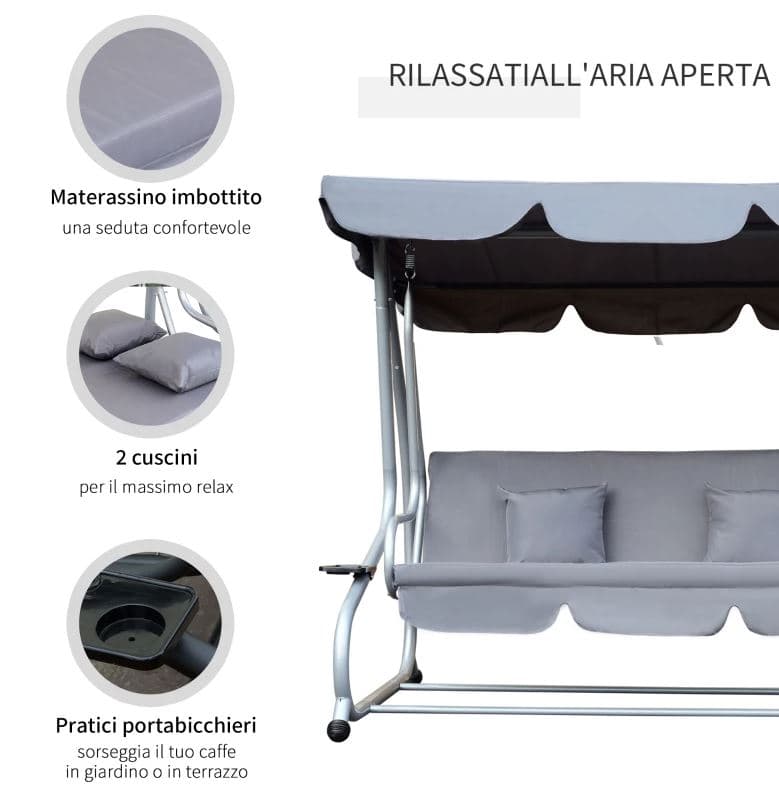 Dondolo "Antigua" 3 posti altalena da giardino e veranda reclinabile a letto 200 cm in Dondoli coperti Decor Space - Altamura, commercioVirtuoso.it