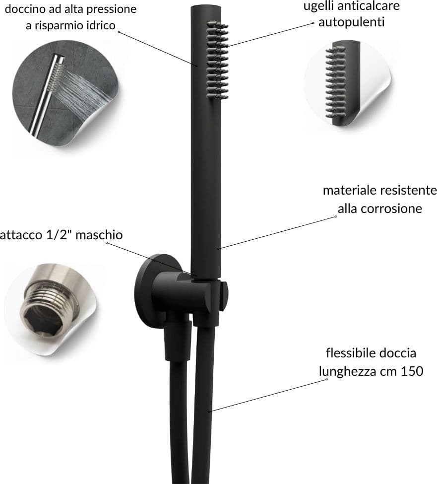 Kit Doccia Tondo NERO Soffione Braccio Presa Acqua Doccetta Laccio Pvc Bagno - 5